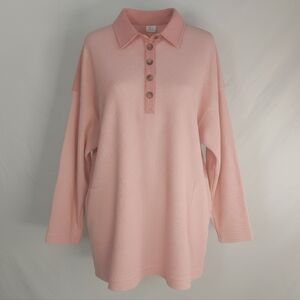 Waffle Knit Polo Tunic Top XL Peach Pink Oversized Thermal Long Sleeve Pockets
